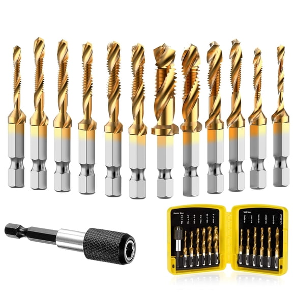 Combination Drill Tap & Tap Bit Set, 3-in-1 Titanium Coated Screw Tapping Bit Tool for Drilling, Tapping, Countersinking, with Quick-Change Adapter, 13 PCS SAE/Metric