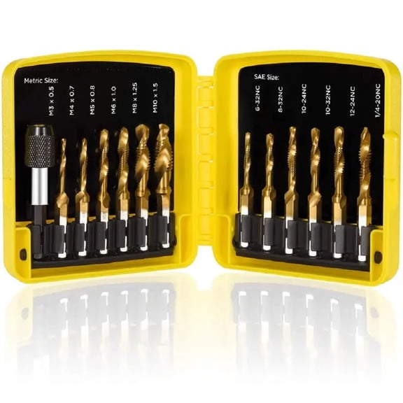 Combination Drill Tap & Tap Bit Set, 3-in-1 Titanium Coated Screw Tapping Bit Tool for Drilling, Tapping, Countersinking, with Quick-Change Adapter, 13Pcs SAE/Metric