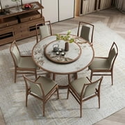 Combination Glossy Dining Tables Rock Plate High End Light Luxury Round Wooden Dining Tables Mesa Plegable Furniture Set QF50DT