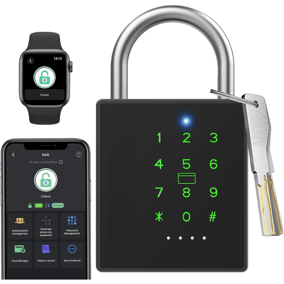Digital Padlock Outdoor Password Gate Lock with Key NFC RFID Weatherproof Heavy Duty Padlock for Locker Shed Outdoor Fence Truck Support Temporary Code Unlock Record