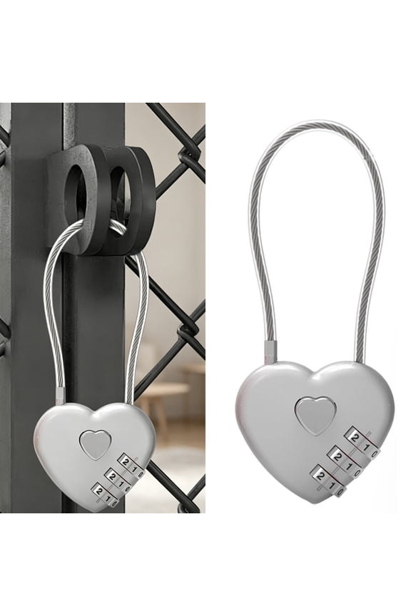 Combination Lock for Gym Locker, Heart Shaped Padlock, Silver