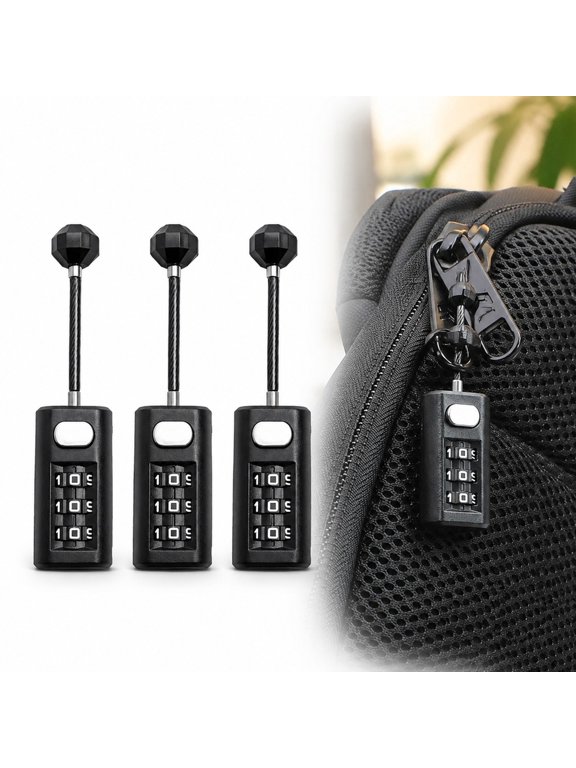 Combination Lock for Luggage, 3 Pack Travel Cable Lock with Wire Cable, Resettable Code Lock for Suitcase and Backpack, Black