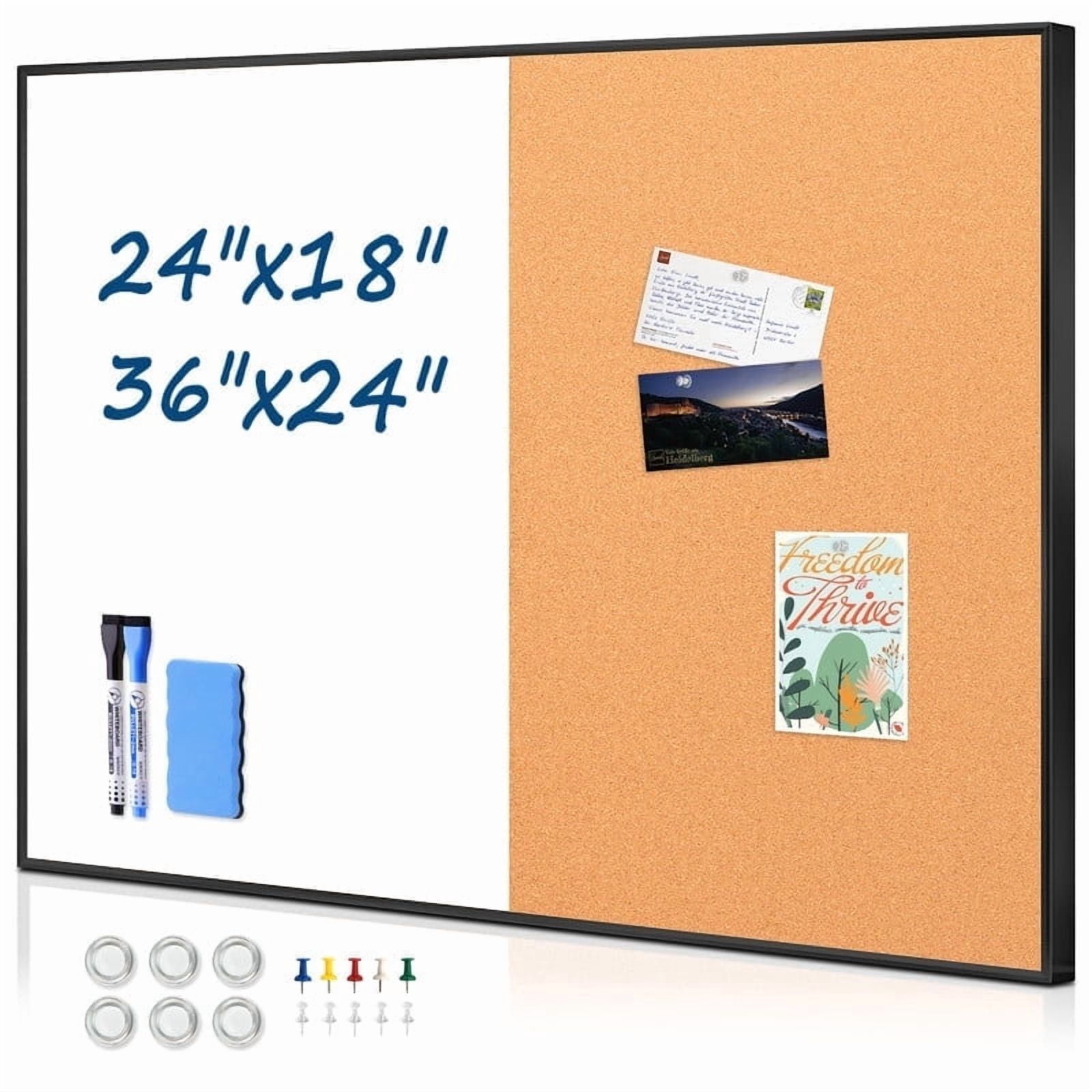 Combination Magnetic Whiteboard Cork Bulletin Board, 36" X 24" Combo Dry Erase White Board for Wall Cork Pin Board for Home Office Wall Mounted, Include 2 Markers, 6 Magnets, Eraser and Push Pins