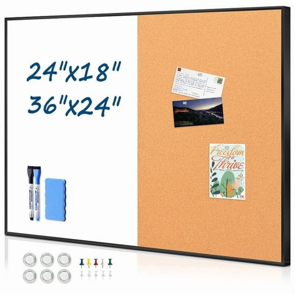 Combination Magnetic Whiteboard Cork Bulletin Board, 36" X 24" Combo Dry Erase White Board for Wall Cork Pin Board for Home Office Wall Mounted, Include 2 Markers, 6 Magnets, Eraser and Push Pins