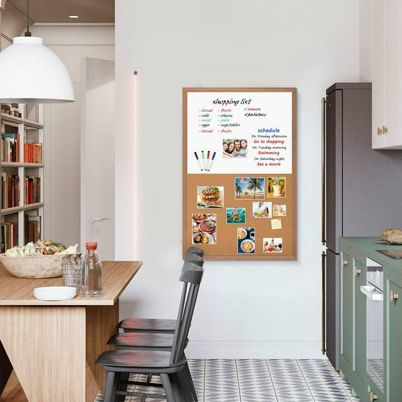 Combination Magnetic Whiteboard Cork Bulletin Board, 36x24 Inches Combo Dry Erase White Board Cork Pin Board for Wall with Natural Wood Frame