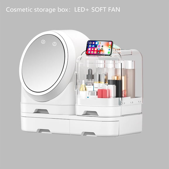 Combination Makeup Organizer with Led Light & Fan - White, Dustproof Multifunctional Storage Box - Combined Cosmetic Large Capacity Storage Box Multi Function with Fan Led Light Ho Makeup Organizer