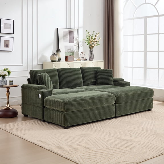 Combination Modular Convertible Sectional Sofa Bed Set, Armrest Storage, Stainless Steel Cup Holder, Usb, Upholstered Sofa, Deep Seat, Living Room, Loft, Apartment, Office (Green)