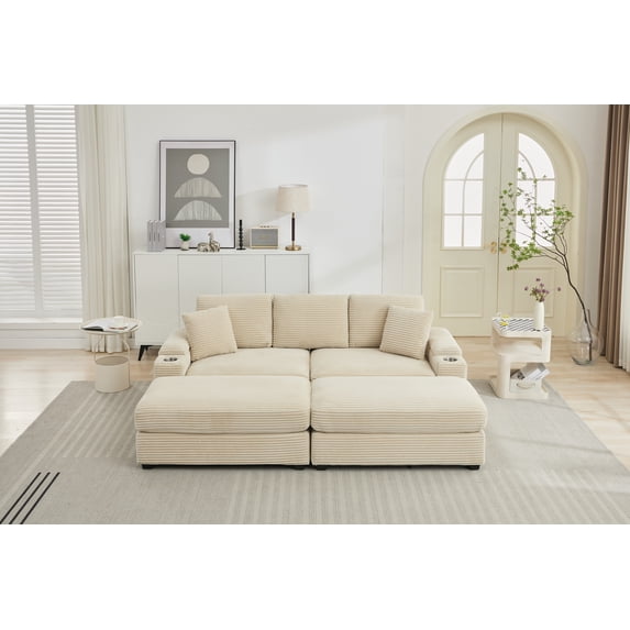 Combination Modular Convertible Sectional Sofa Bed Set,Armrest storage, Stainless steel cup holder, USB, Upholstered Sofa, Deep Seat, Living Room, Loft