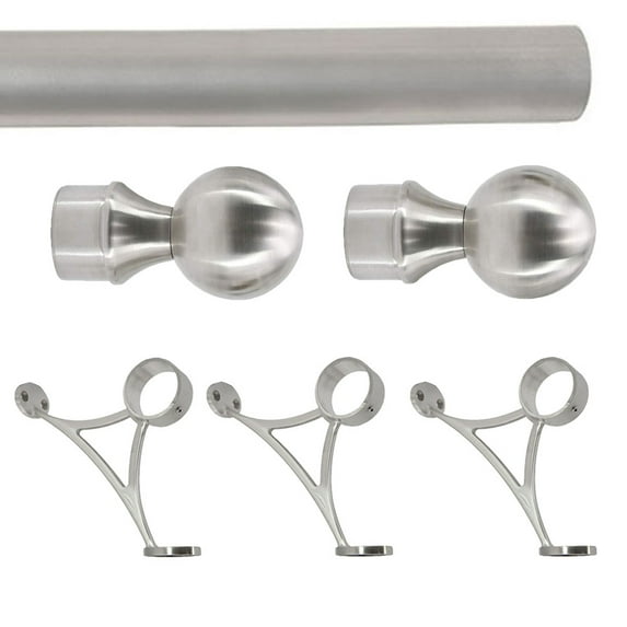 Combination Mount Foot Rail Kit, Satin Brush Finish Stainless Steel Tubing w/Internal Connector, Combination Bar Foot Rail Brackets, Ball End Cap, 8 ft = 48 in x 2