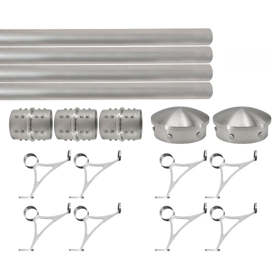 Combination Mount Foot Rail Kit, Satin Brush Finish Stainless Steel Tubing w/Internal Connector, Combination Bar Foot Rail Brackets, Tapered End Cap, 20 ft = 60 in x 4