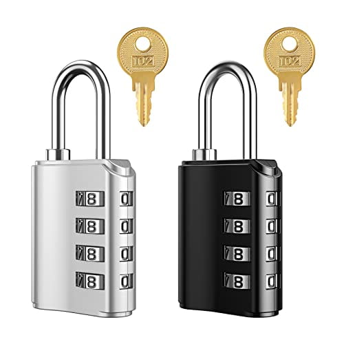 Combination Padlock,Gym Locker Lock,4 Digit Combination Gate Lock with 2 Keys,Weatherproof Design,for Outdoor Indoor Use,2 Pack,Black and Silver