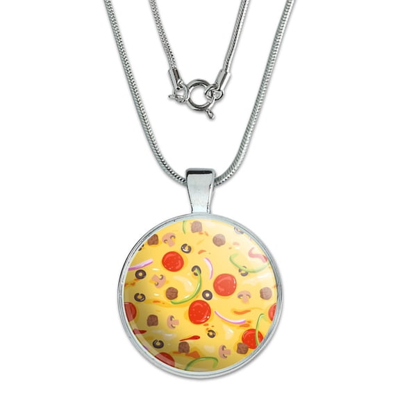 Combination Pizza Pattern With Pepperoni Olives and Onions 1" Pendant with Sterling Silver Plated Chain