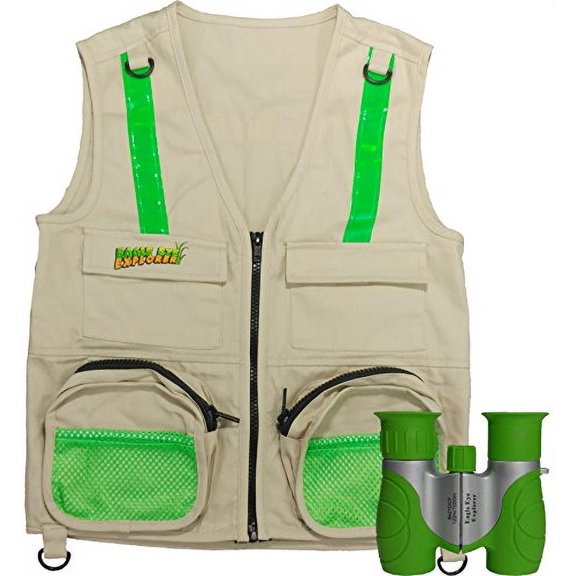 Combination Set: Eagle Eye Explorer Cargo Vest for Kids with Reflective Safety Straps and 8x21 Magnification Binoculars with Soft Rubber Eye Piece for Boys & Girls Waterproof and Shock-Resistant. M/L