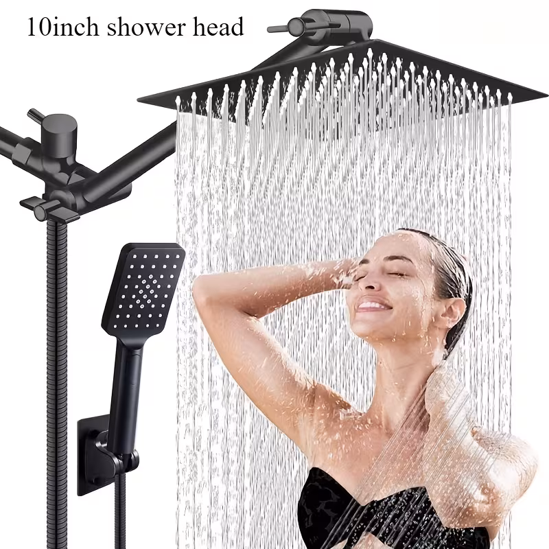 Combination Shower Head Featuring a 10-Inch High-Pressure Rain Shower Head, an 11-Inch Adjustable Extension Arm, And a Handheld Option with Three Settings. Includes a Long 59-Inch Hose