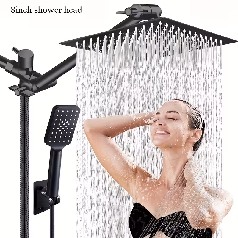 Combination Shower Head Featuring a 10-Inch High-Pressure Rain Shower Head, an 11-Inch Adjustable Extension Arm, And a Handheld Option with Three Settings. Includes a Long 59-Inch Hose