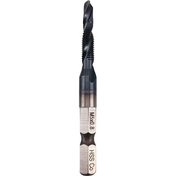 Combination Tap and Drill Bit - TIAIN Coated, M35 Cobalt Steel, 118° Split Point, M5 x 0.8mm Thread, 1/4” Hex Shank, Industrial Grade Threading Tool for Hard Metals Like Stainless Steel
