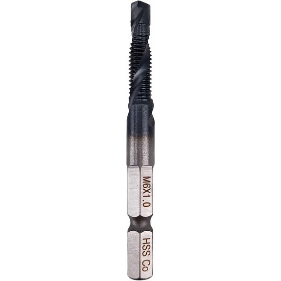 Combination Tap and Drill Bit - TIAIN Coated, M35 Cobalt Steel, 118° Split Point, M6 x 1mm Thread, 1/4 Inch Hex Shank, Heavy Duty for Hard Metals Like Stainless Steel