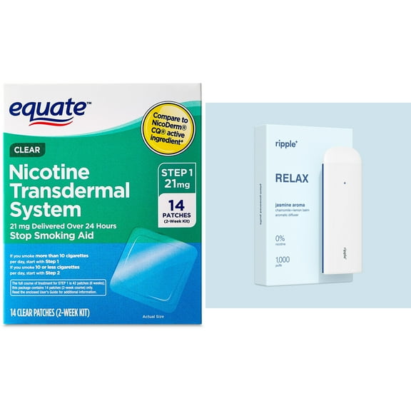 Combination Therapy for Quitting Smoking | Equate Nicotine Transdermal System Step 1 Clear Patches, 21 mg, 14 Count | Ripple+ Relax, Jasmine 0% Nicotine Diffuser, 1,000 Puffs