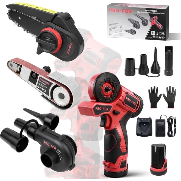 PRO-FOR 12V Brushless 3-in-1 Cordless Power Tool Kit with Interchangeable Attachments, Mini Chainsaw, Belt Sander & Blower for DIY Home Workshop