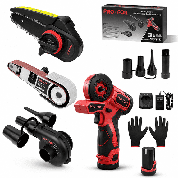 PRO-FOR 12V Brushless Cordless 3-in-1 Power Tool Kit, Mini Chainsaw, Belt Sander & Blower with Interchangeable Attachments, Battery and Charger Included
