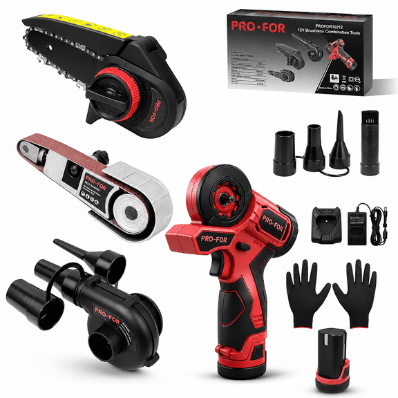 PRO-FOR 12V Brushless Cordless 3-in-1 Power Tool Kit, Mini Chainsaw, Belt Sander & Blower with Interchangeable Attachments, Battery and Charger Included