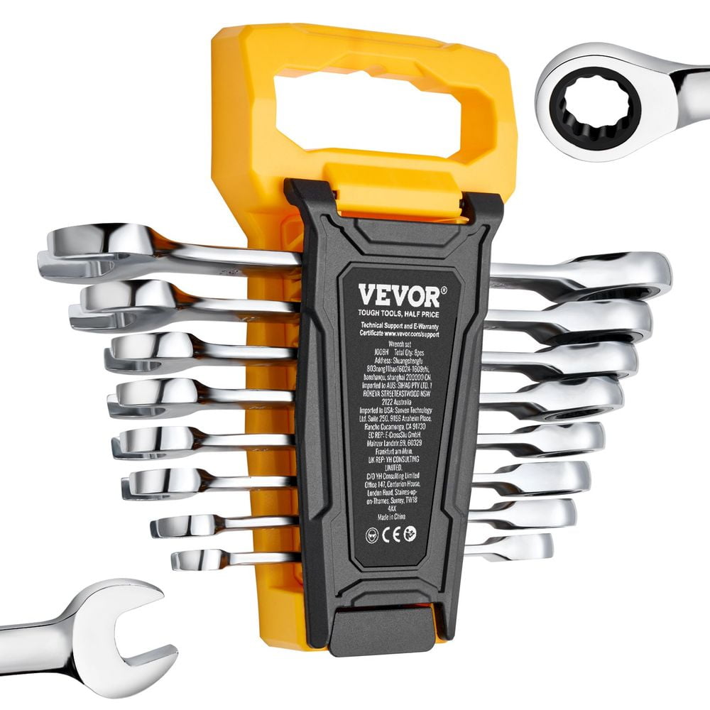 Combination Wrench Set, 8-Piece Ratcheting Wrench Set with Organizer Rack, Cr-V Steel Wrench Set Metric 8 mm to 19 mm, Ideal for General Household, Garage, Workshop, Auto Repairs, Emergency