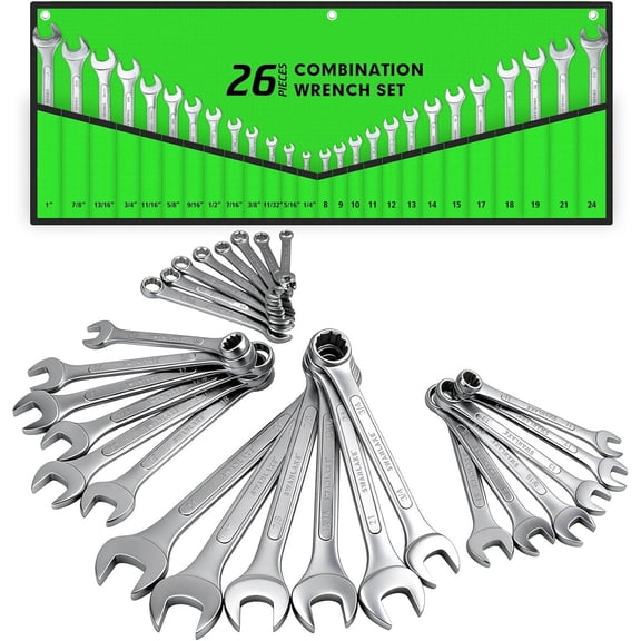 Combination Wrench Set with Roll-up Pouch, SAE and Metric, for General Household, Garage, Auto Repairs and Travel