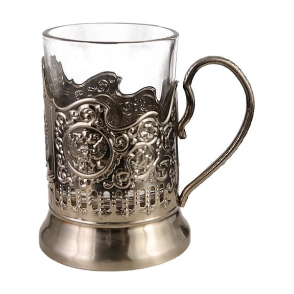 Combination of 2 Russian Cuts Crystal Drinking Tea Glasses with Metal Glass Holders Podstakannik for Hot or Cold Liquids