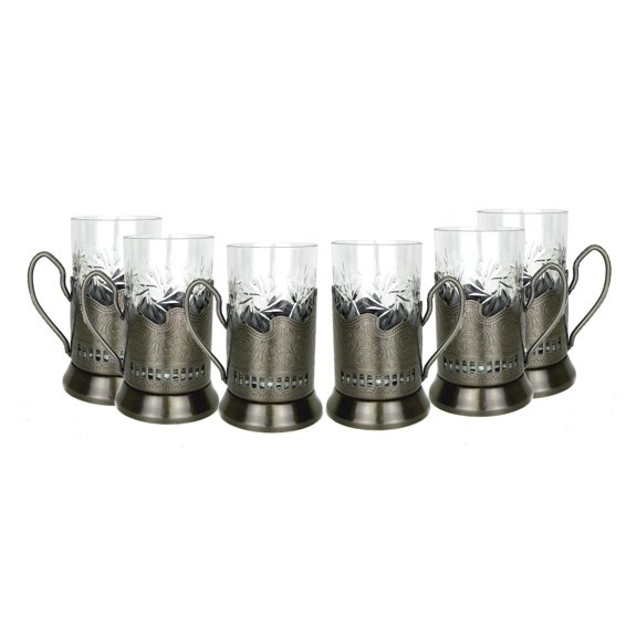 Combination of 6 European Cut Crystal Drinking Tea Glasses W/metal Glass Holders "Podstakannik" for Hot or Cold Liquids