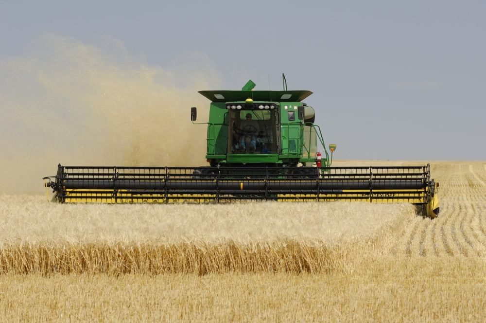 Combine Working A Field On The Prairies Southern Saskatchewan Canvas Art - Peter Carroll  Design Pics (36 x 24)