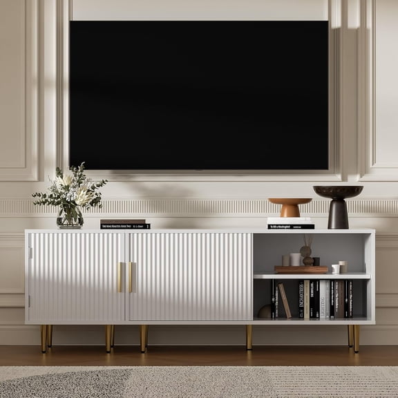 Combined Modern TV Stand for 55/60/65 inch TV, Small Entertainment Center with Adjustable Shelf, TV Media Stand with Storage Cabinet, TV Console with Gold Legs for Living Room, Bedroom, White