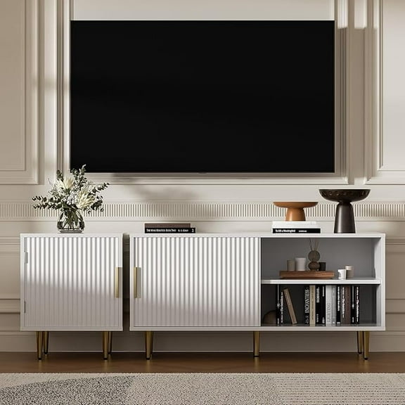 Combined Modern TV Stand For 55/60/65Inch TV,Small Entertainment Center With Adjustable Shelf,TV Media Stand With Storage Cabinet, TV Console With Gold Legs For Living Room,Bedroom,White