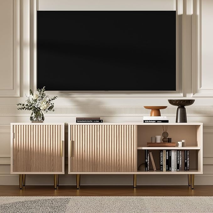Combined Modern TV Stand For 55/60/66Inch TV,Small Entertainment Center With Adjustable Shelf,TV Media Stand With Storage Cabinet, TV Console With Gold Legs For Living Room,Bedroom,Oak