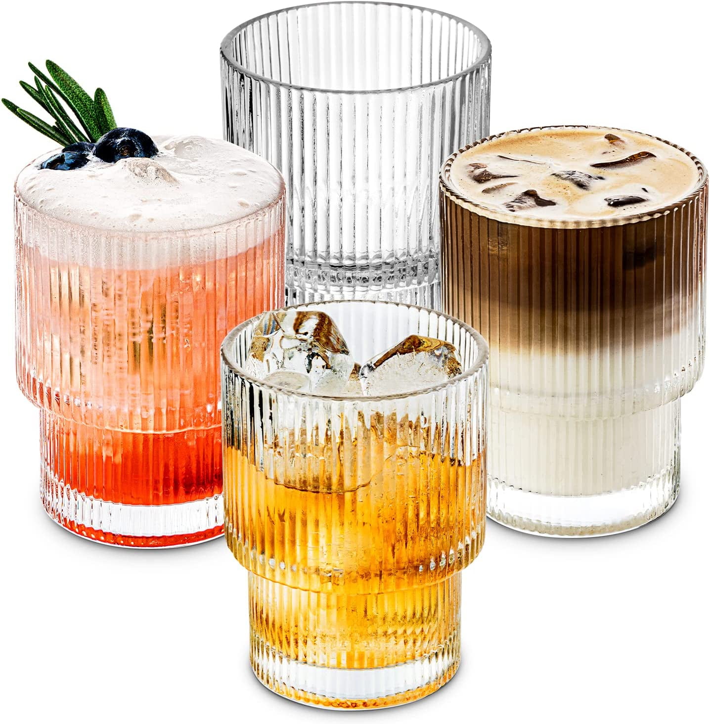 Combler Drinking Glasses, Rocks Cocktail Glasses 6 oz, Ribbed Glass Cups  Set of 4, Coffee Bar Accessories, Cute Ribbed Glassware for Whiskey Beer  Tea Soda 