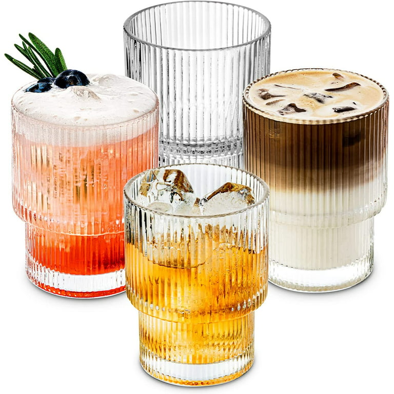Combler Cocktail Glasses Drinking Set of 8, 4pcs Collins Glass Cups with Straw 12oz & 4pcs Rocks Glasses 9oz, Ribbed Glassware for Coffee Wine