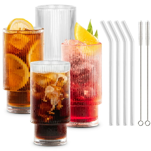 Combler Drinking Glasses Set of 4, Glass Cups with Straws, 12oz Cute Ribbed Glassware for Water Cocktail Glasses, Iced coffee Cup for Coffee Bar Accessories