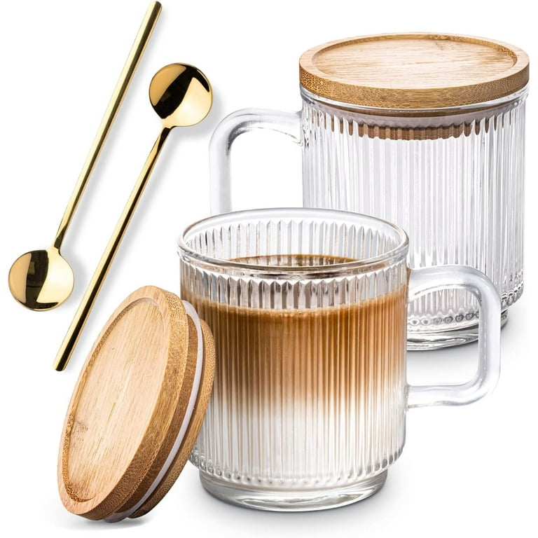 Combler Glass Coffee Mugs, Espresso Cups for Coffee Bar Accessories, Clear  Coffee Mug Set of 2, 11oz Glass Coffee Cups with Lids and Spoon, Cute  Ribbed Glassware Set for Latte, Cappuccino, Tea