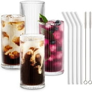 Combler Glass Cups with Straws, Drinking Glasses 12.5oz, Ribbed Glassware Set of 4, Iced Coffee Cup, Coffee Bar Accessories, Vintage Glassware Sets for Beer Smoothie Whiskey Cocktail Glasses, Gifts