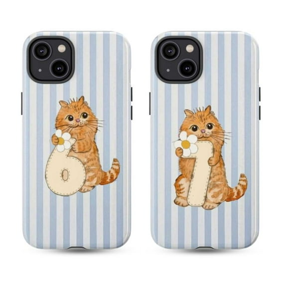 Combo 2 Blue Checkered Cat Number 6 & 7 Phone Case, Cute Cartoon Kitty with Daisy Flowers, Fun Animal Birthday Style Protective Cover Set for iPhone 17 16 15 14 13 12 11 Pro Plus Mini