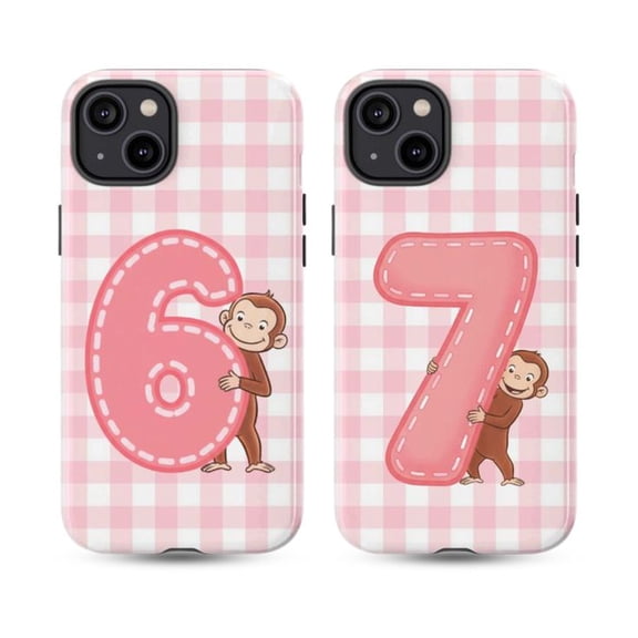 Combo 2 Pack Pink Gingham Curious Monkey Number 7 Phone Case, Cute Cartoon Animal Birthday Style Protective Cover Set, Fun Aesthetic iPhone Case for iPhone 17 16 15 14 13 12 11 Pro Plus Mini
