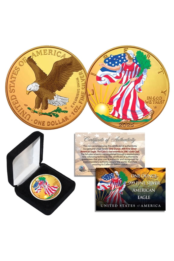2025 American Silver Eagle Coin 24K Gold Plated with Multicolor Highlights on 2 sides 1 oz 999 BU with Box