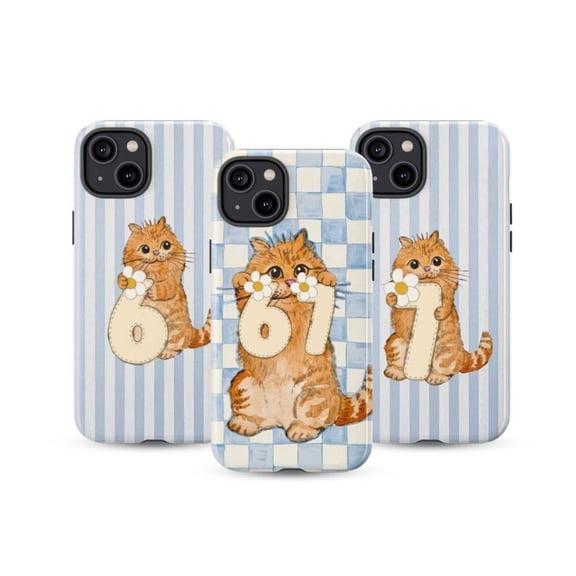Combo 3 Blue Checkered Cat Number 6 & 7 Phone Case, Cute Cartoon Kitty with Daisy Flowers, Fun Animal Birthday Style Protective Cover Set for iPhone 17 16 15 14 13 12 11 Pro Plus Mini