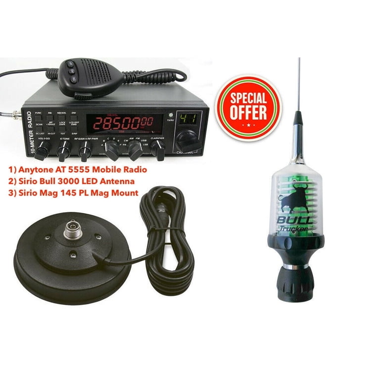 Sirio Bull Trucker 3000 PL CB & 10M Green LED Mobile Antenna With Mag 145 PL Magnet Mount - 26.5-30 MHz, 3500W, NOAA Weather