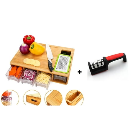 Combo Bamboo Cutting Board with Containers and Graters, Sturdy Meal Prep Station for Kitchen, 4 Trays with Lids - Easy Food Storage+ Kitchen Knife Sharpener