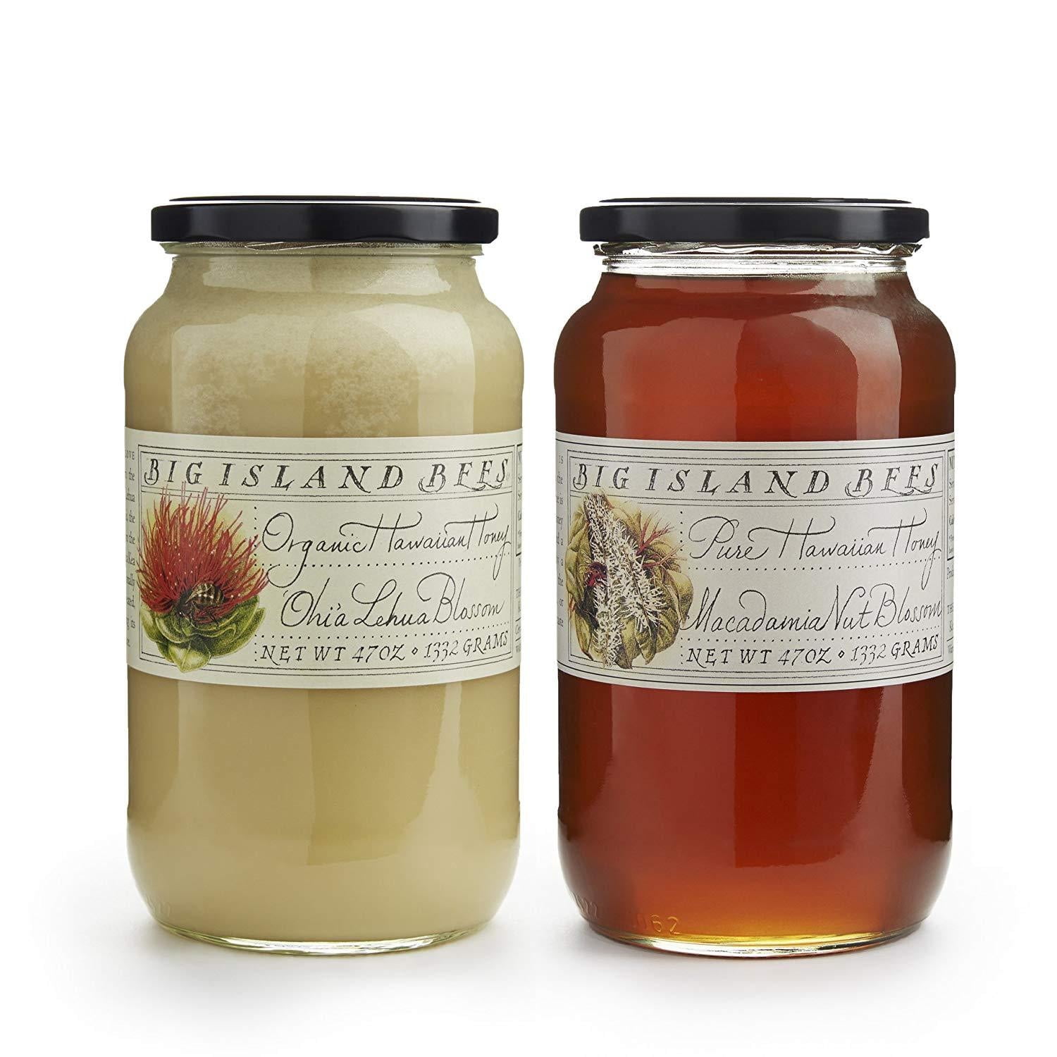 Combo Bundle Raw and Organic Hawaiian Honey by Big Island Bees - Large 47 oz Glass Jar (2 Pack, Lehua/MacNut)