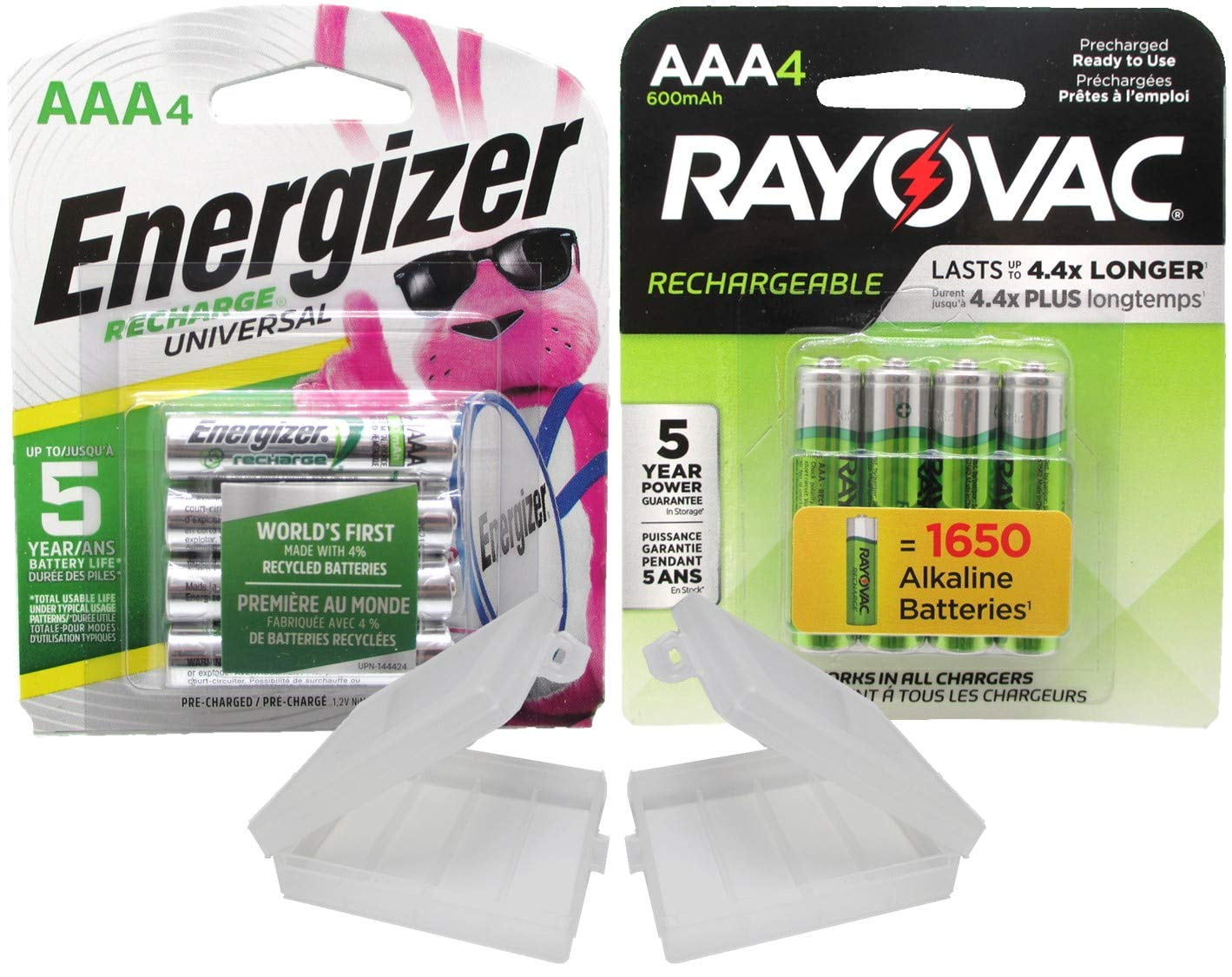 Combo Deal!!!! 4 Rayovac Rechargeable 600mAh NiMH AAA Batteries and 4 Energizer Universal 700mAh NiMH AAA Rechargeable Batteries with Battery Holders