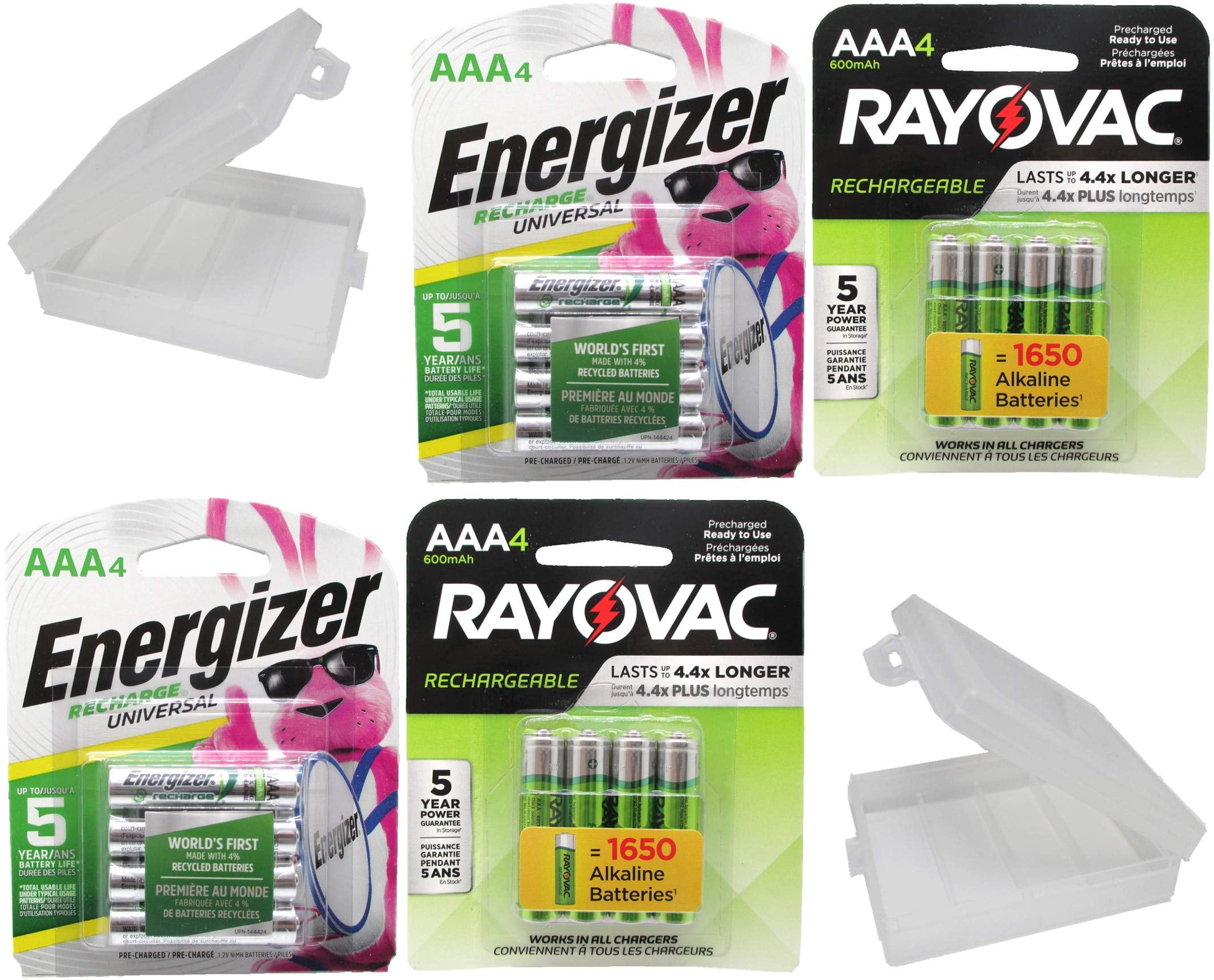 Combo Deal!!!! 8 Rayovac Rechargeable 600mAh NiMH AAA Batteries and 8 Energizer Universal 700mAh NiMH AA Rechargeable Batteries with Battery Holders