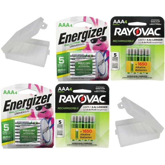 Combo Deal!!!! 8 Rayovac Rechargeable 600mAh NiMH AAA Batteries and 8 Energizer Universal 700mAh NiMH AA Rechargeable Batteries with Battery Holders