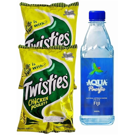 Combo Deal - Twisties CHICKEN Poulet Snacks, Natural Bottled Water (2 Pack x 250g / 500 mL Bottle Water) Favorite Goodness Pacific Islanders HALAL