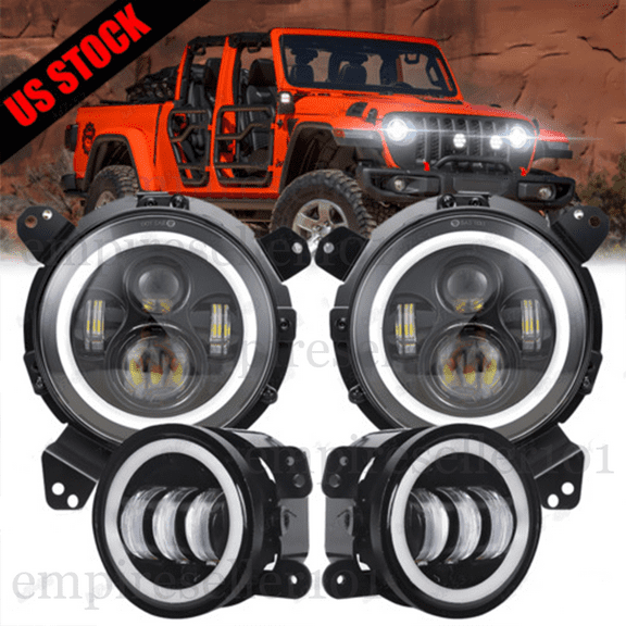 Combo LED Halo Headlights Fog Lights For Jeep Wrangler JL JLU Gladiator 2018-22